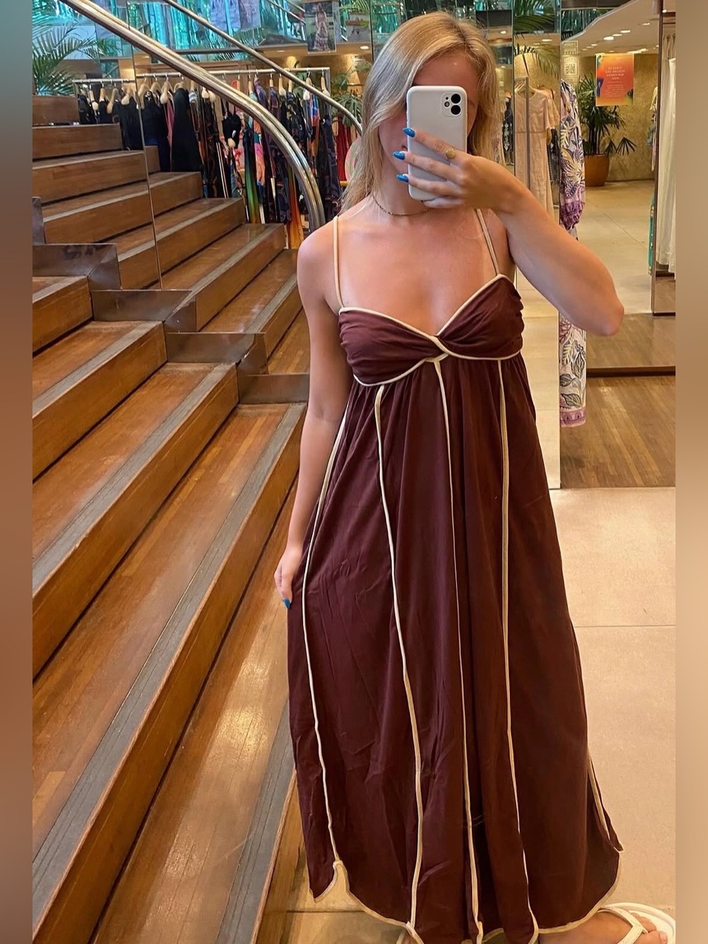 FARM Rio Brown Cutout Maxi Dress with Contrast Trim – Size M - Picture 2 of 3
